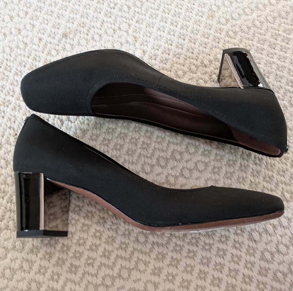 Donald Pliner 7 Black Block Heel Pumps with Silver Accents